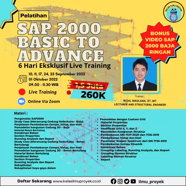 SAP 2000 Gedung ( Basic To Advance) – Live Training – Kelasilmuproyek.co.id